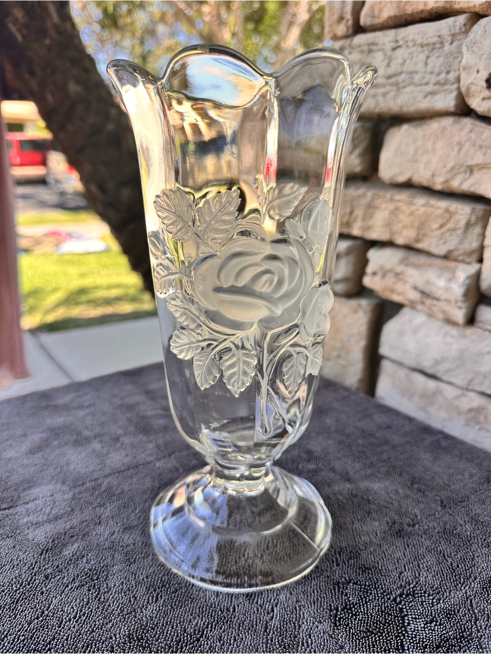 Vintage Bohemian Clear Crystal Pedestal Vase Frosted Rose Scalloped Rim